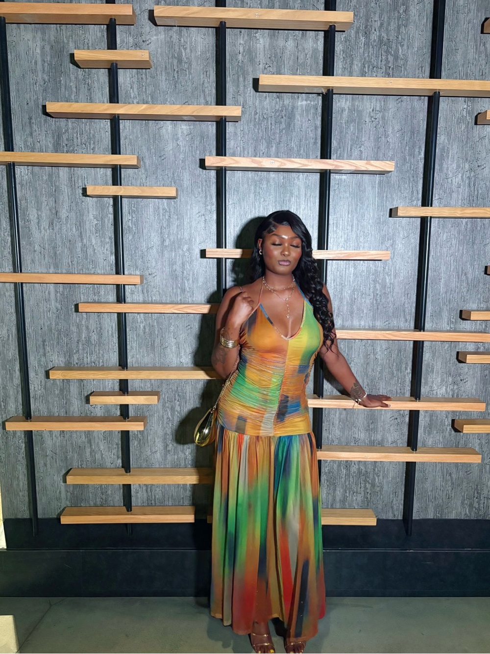 Fashion Nova Multicolor Orange Green Blue Plunging Maxi Dress